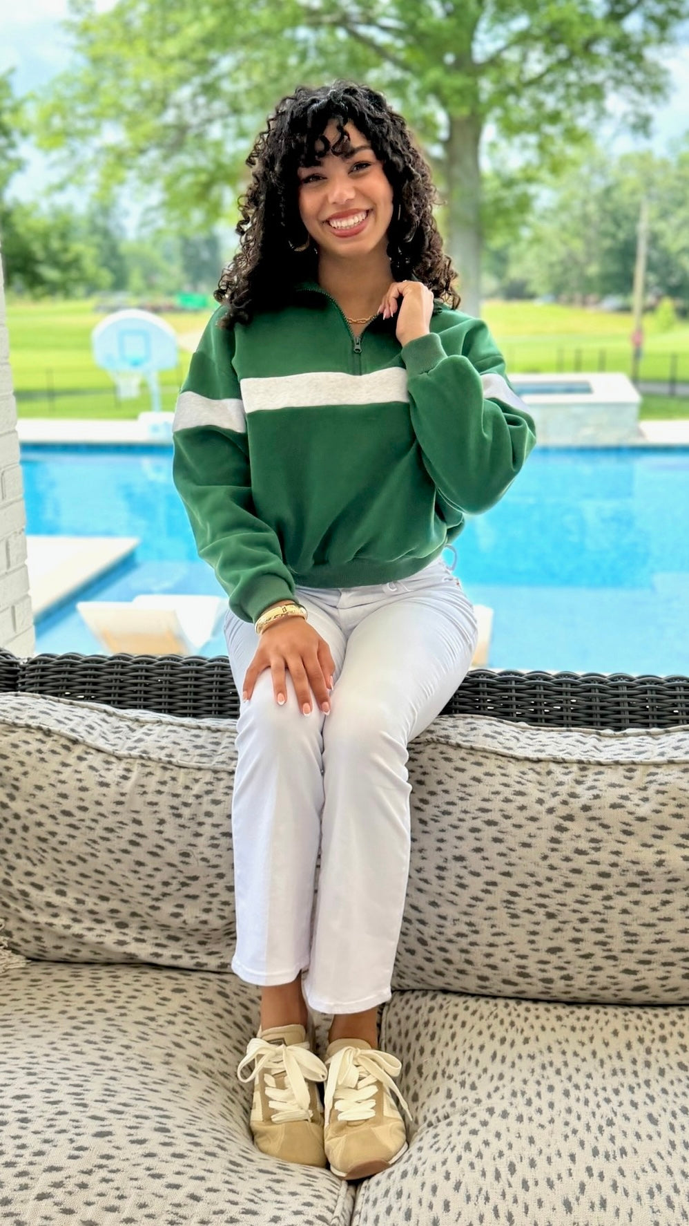 Piper Stripe Quarter Zip Sweatshirt - Green & Light Grey