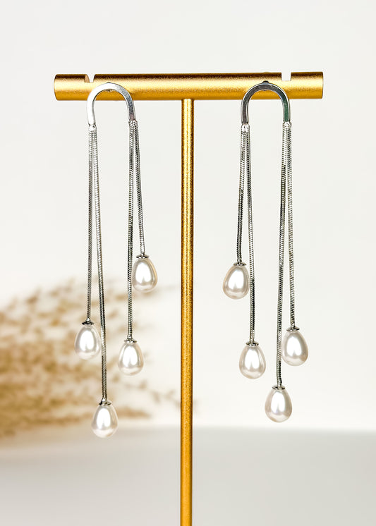 Dangle Pearl Drop Earrings - Silver