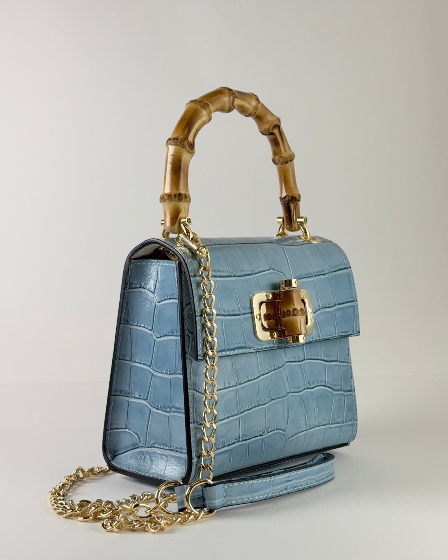 German Fuentes Bamboo Leather Bag - Sky Blue