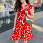 Abstract Vneck Midi Dress - Red and Ivory