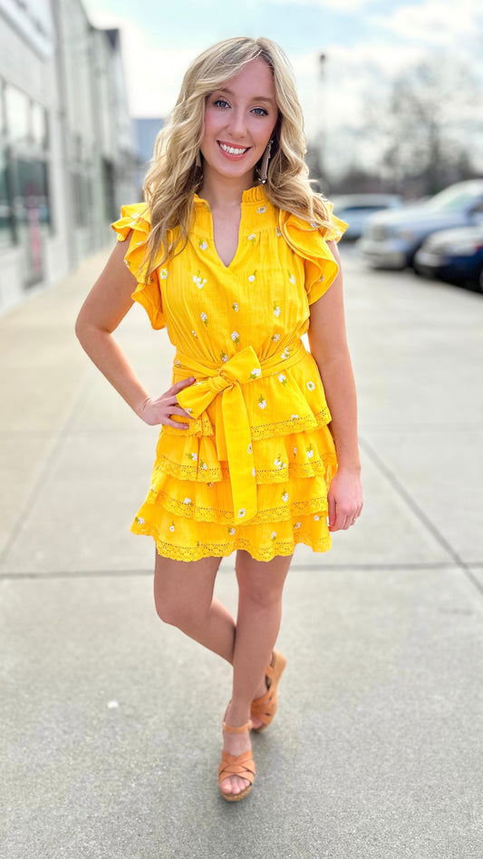 Marigold Wildflowers Tie Waist Tiered Dress