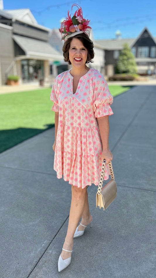 Ivy Jane Eyelet Dress-Ivory/Neon Pink