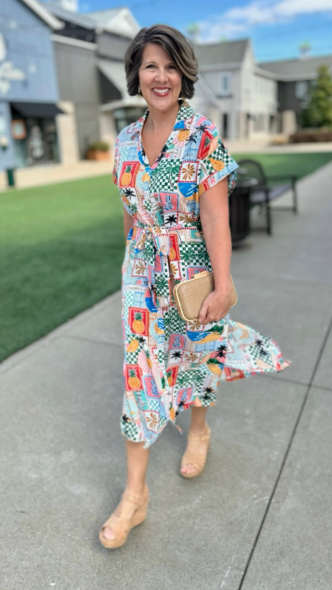 Beach Print Tie Shirt Dress - Multi