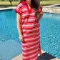 PINK WITH RED STRIPE MIDI DRESS