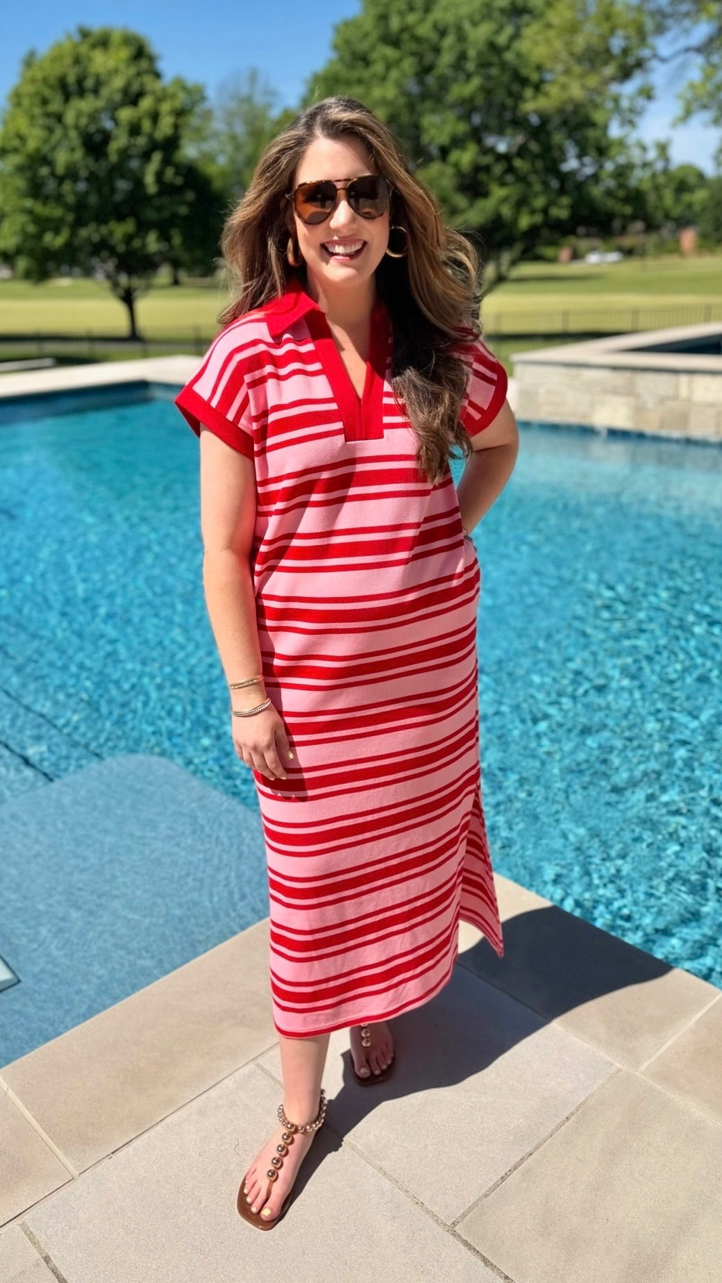 PINK WITH RED STRIPE MIDI DRESS