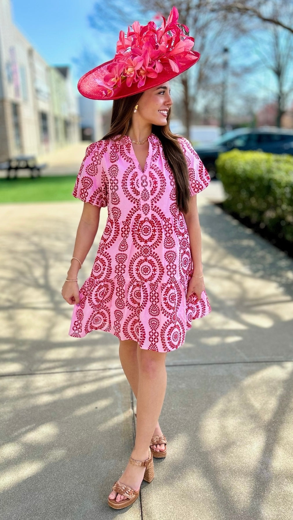 Eva Eyelet Embroidered V Neck Dress - Pink & Red