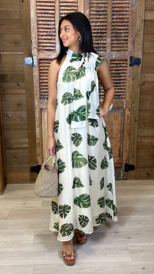 Fallon Palm Halter Dress - Cream