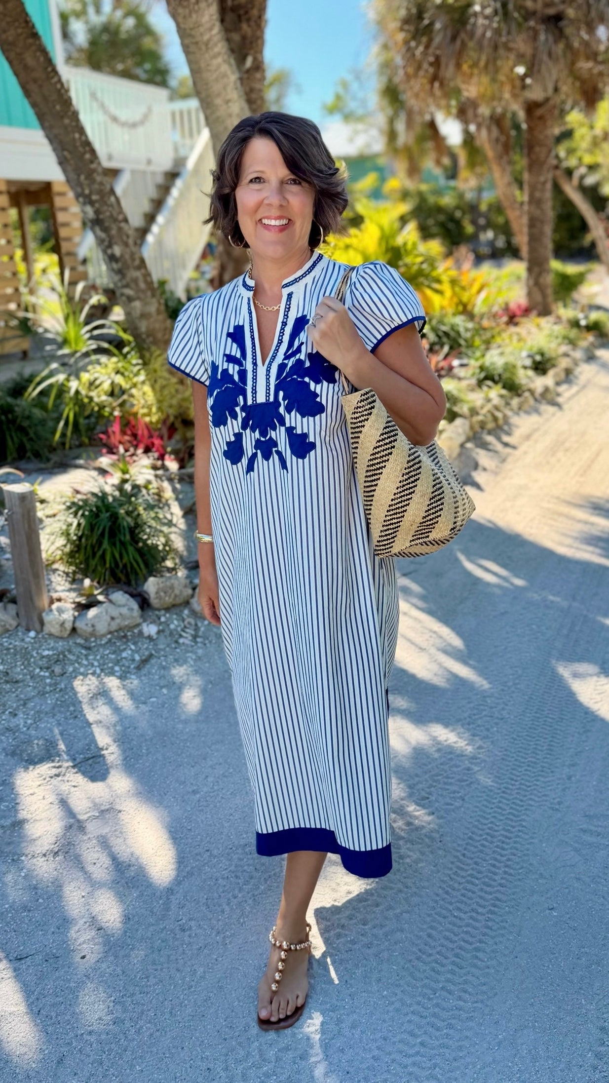Naomi Striped Midi Dress - White & Blue