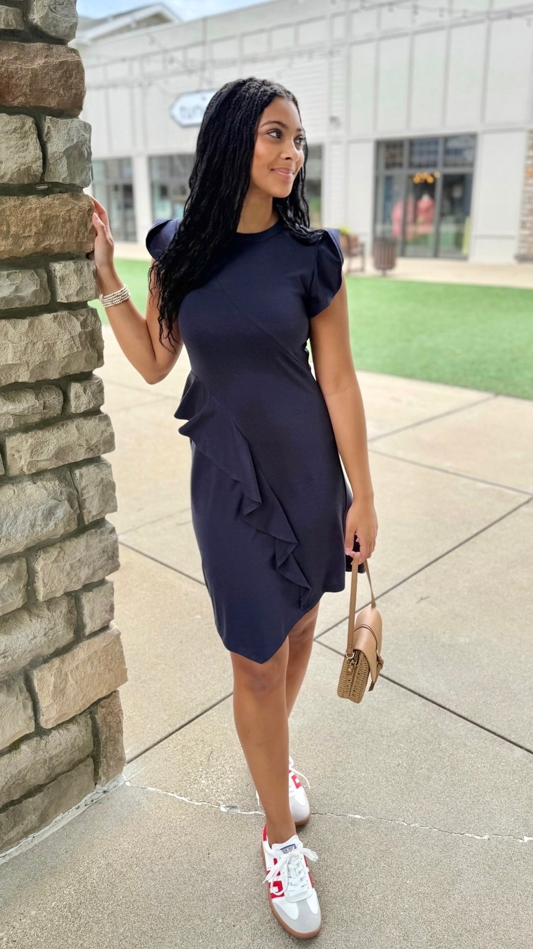 Samantha Flutter Sleeve Knit Dress - Navy