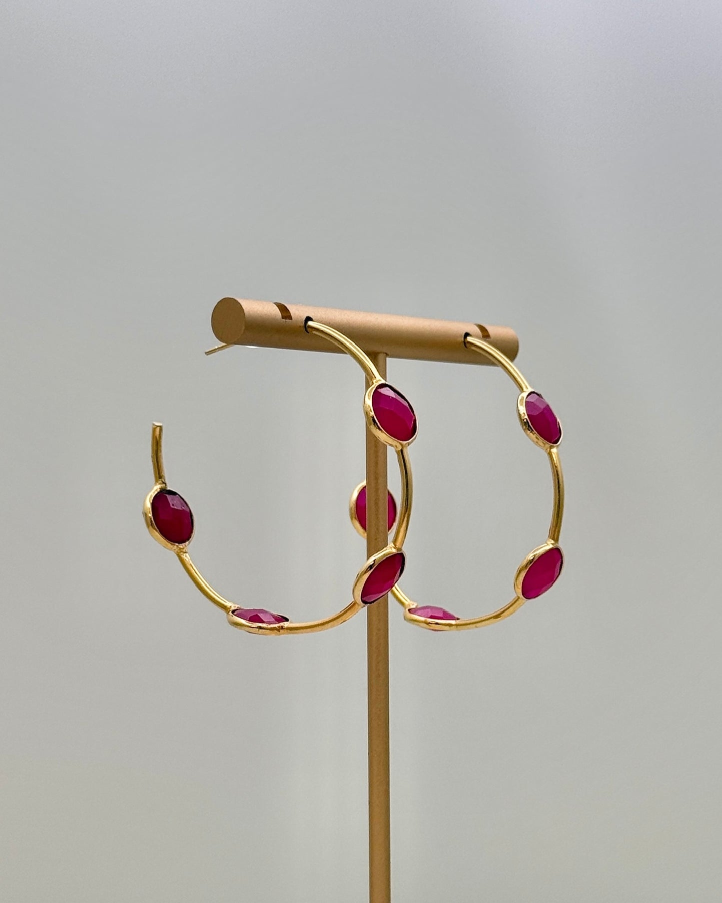 Gold & Magenta Crystal Hoop Earrings