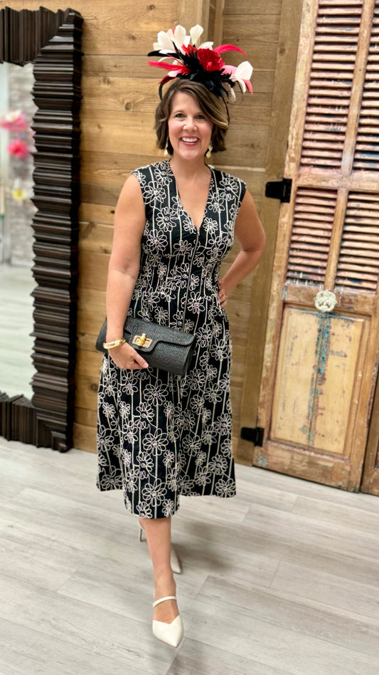 Black Embroidered Midi Zip Dress