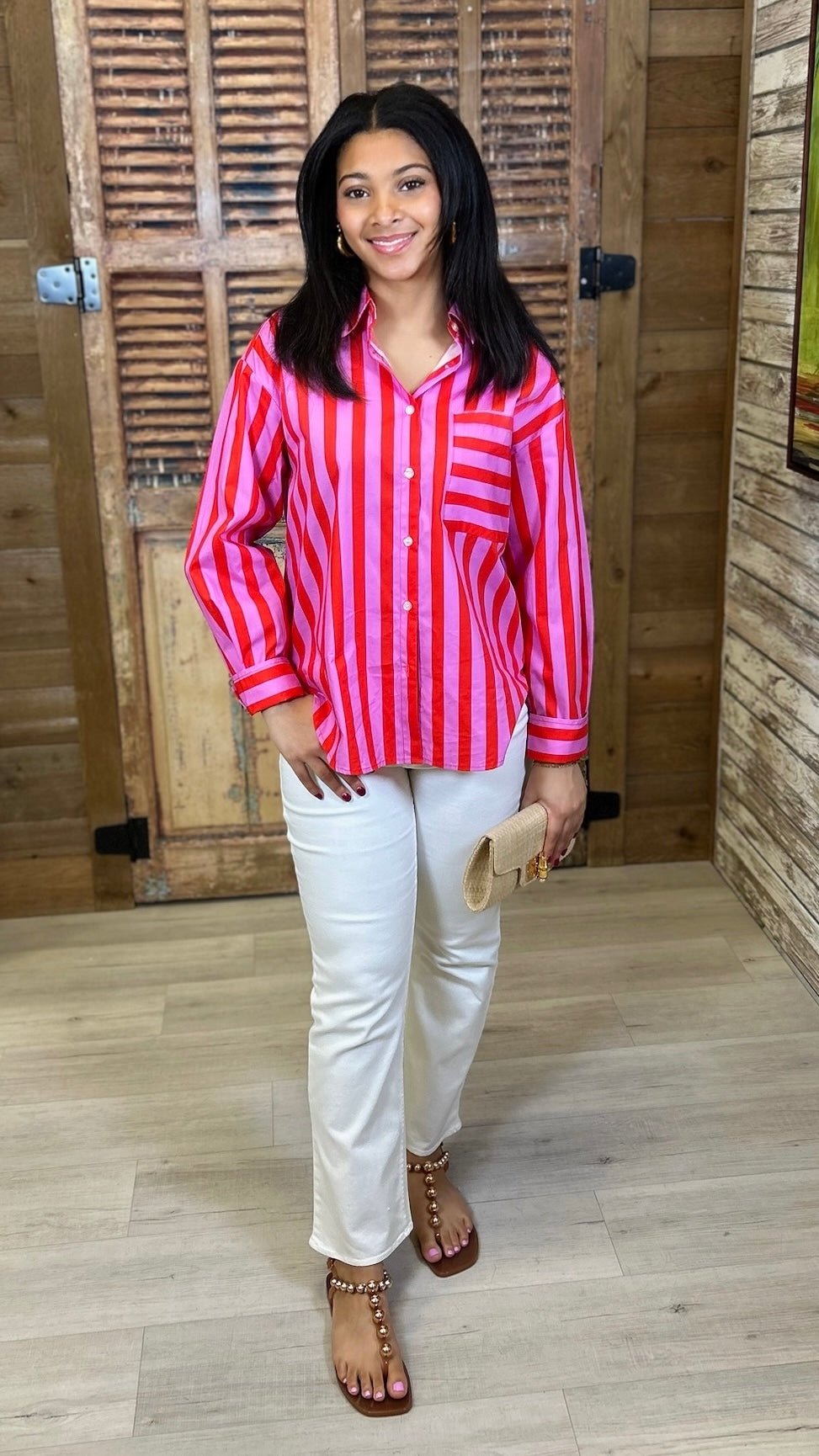 Louise Button Up Top - Red/Pink