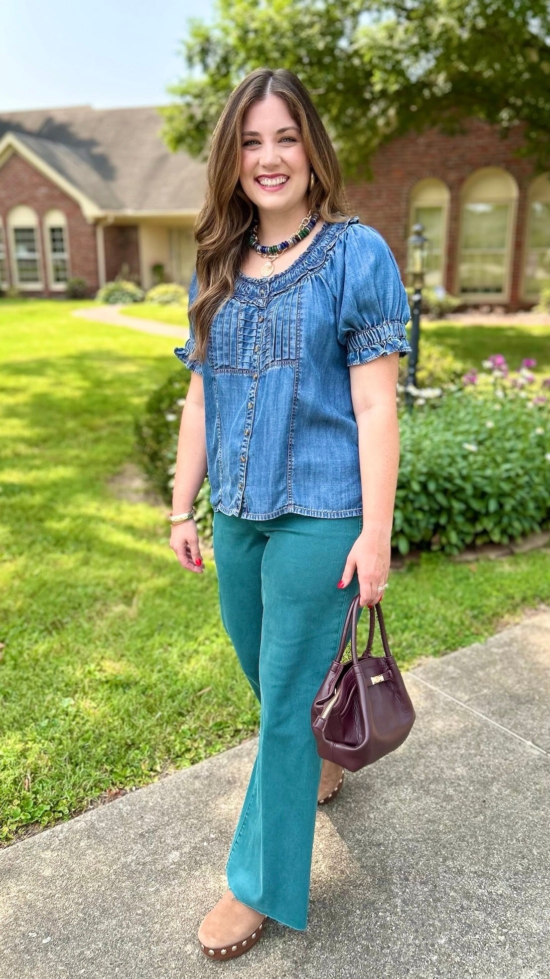 Ivy Jane Denim Ruffled Neck Top