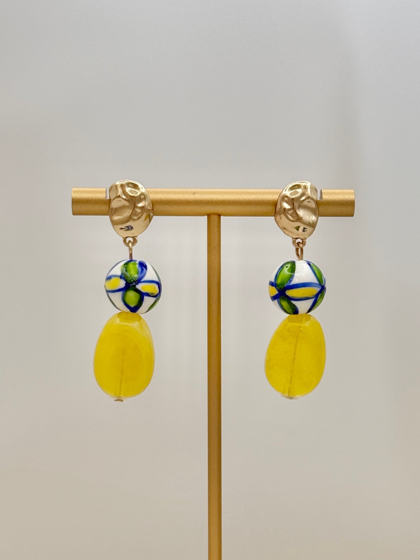 Yellow/ Blue Ceramic Bead Earring - Gold