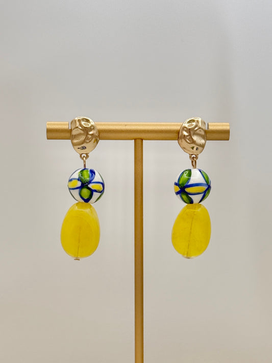 Yellow/ Blue Ceramic Bead Earring - Gold