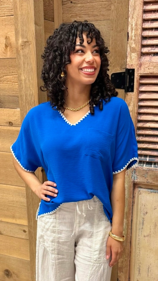 Eileen VNeck Embroidered Top - Royal Blue