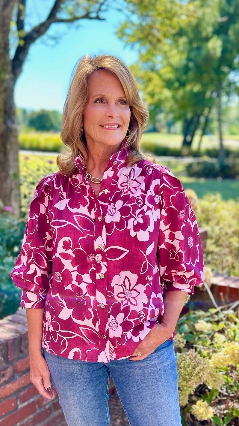 Wine & Pink Floral Button Top