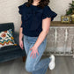 Navy Bow Flutter Sleeve Top