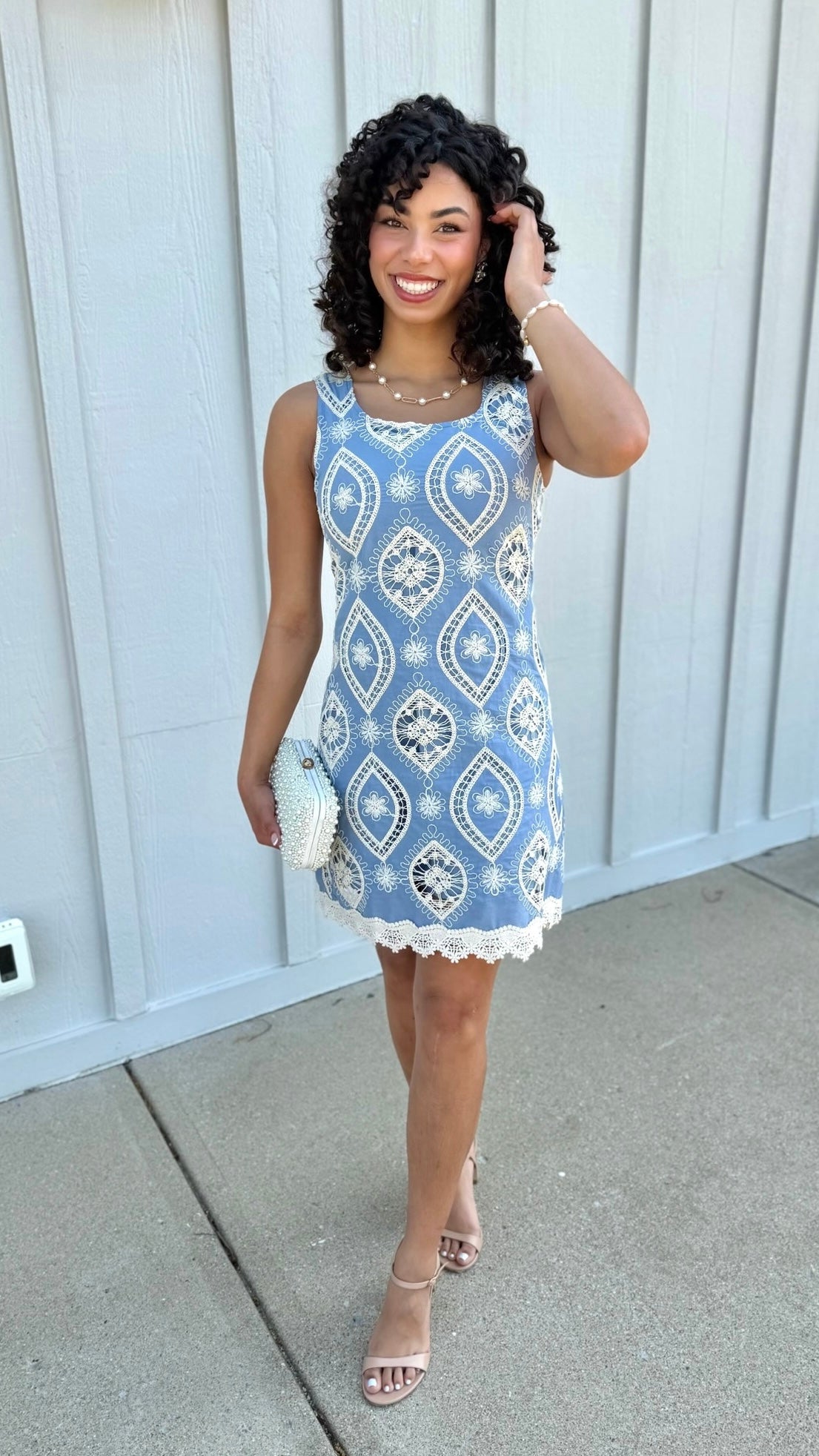 Cassie Floral Crochet Overlay Dress - Blue