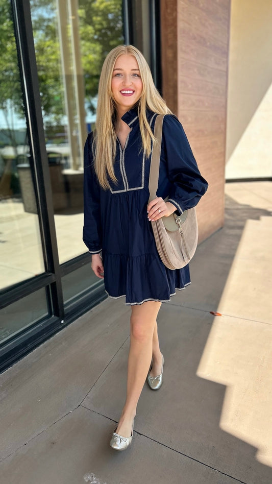 Emma Embroidered Dress - Navy