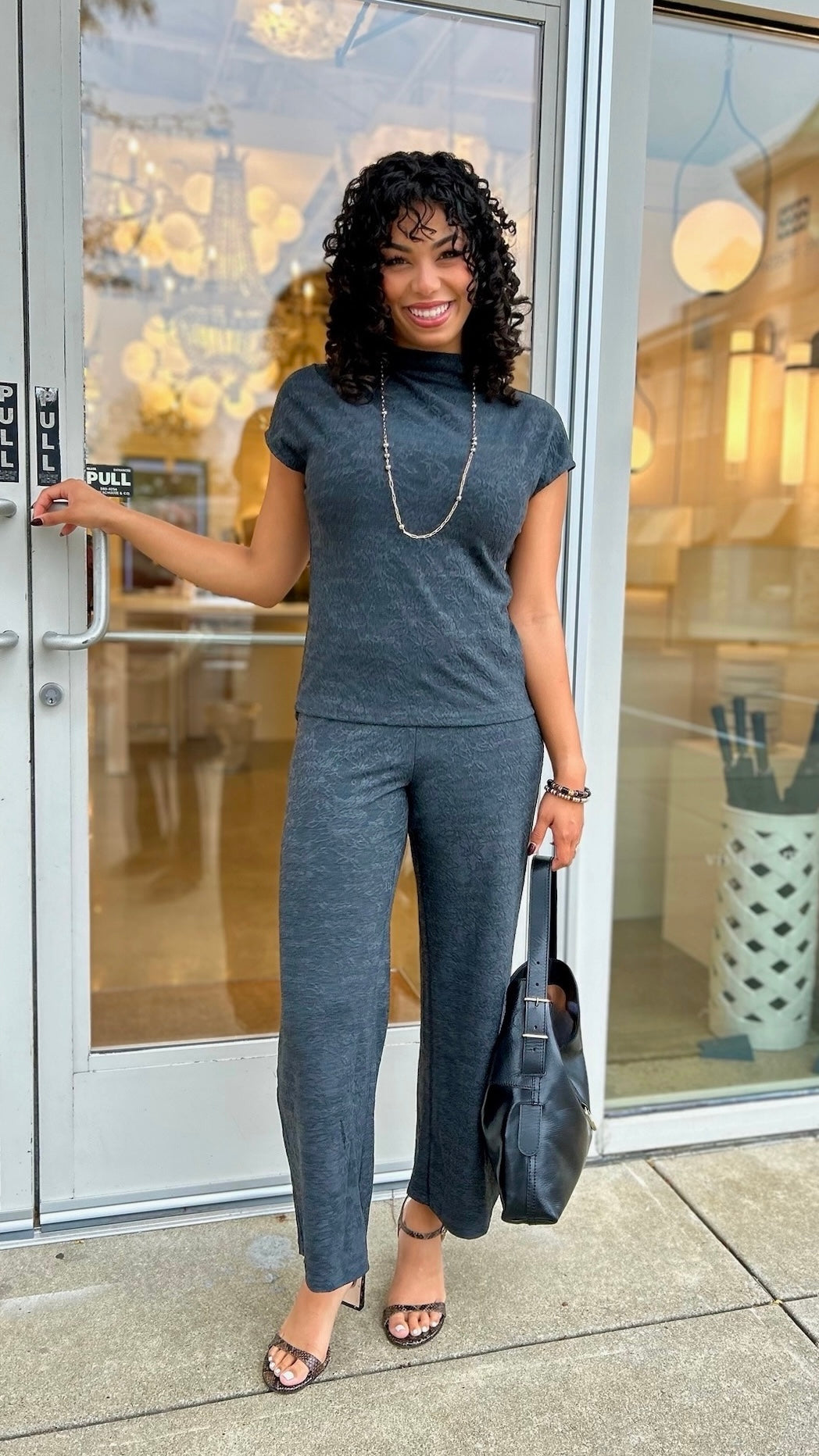Jacquard Short Sleeve Top - Charcoal