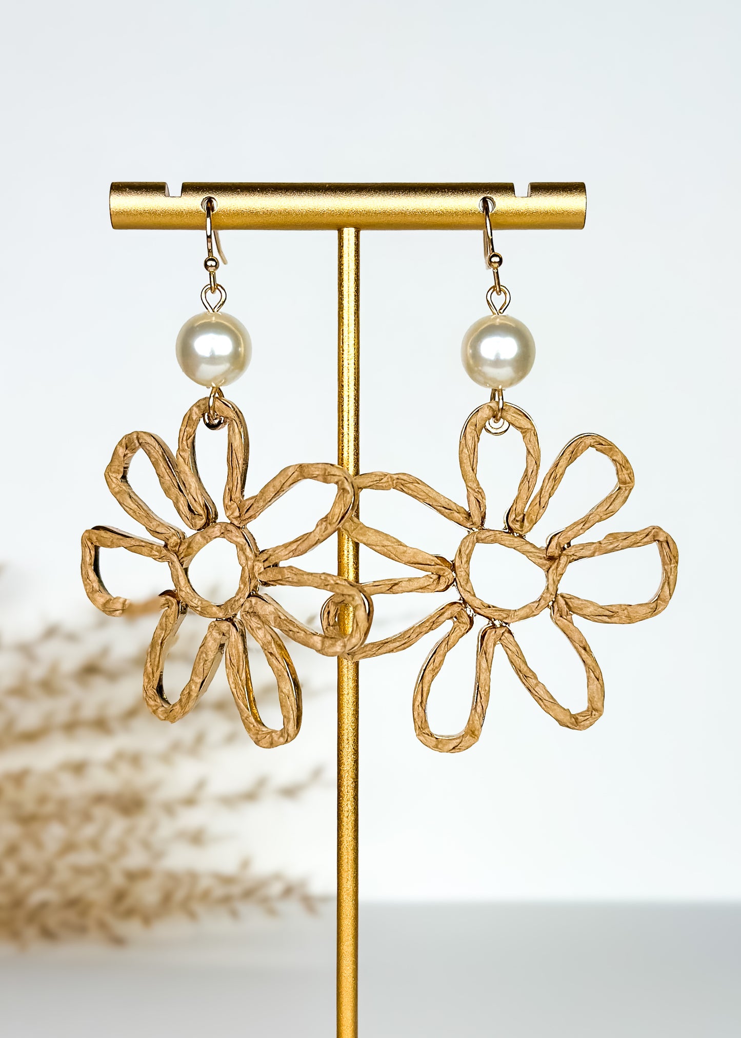 Raffia & Pearl Flower Earrings