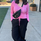Bobi Shirred Tie V-Neck Ribbed Top - Bright Pink