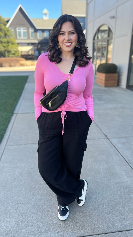 Bobi Shirred Tie V-Neck Ribbed Top - Bright Pink