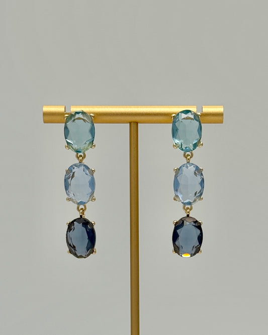 3 Drop Oval Crystal Earrings - Blue