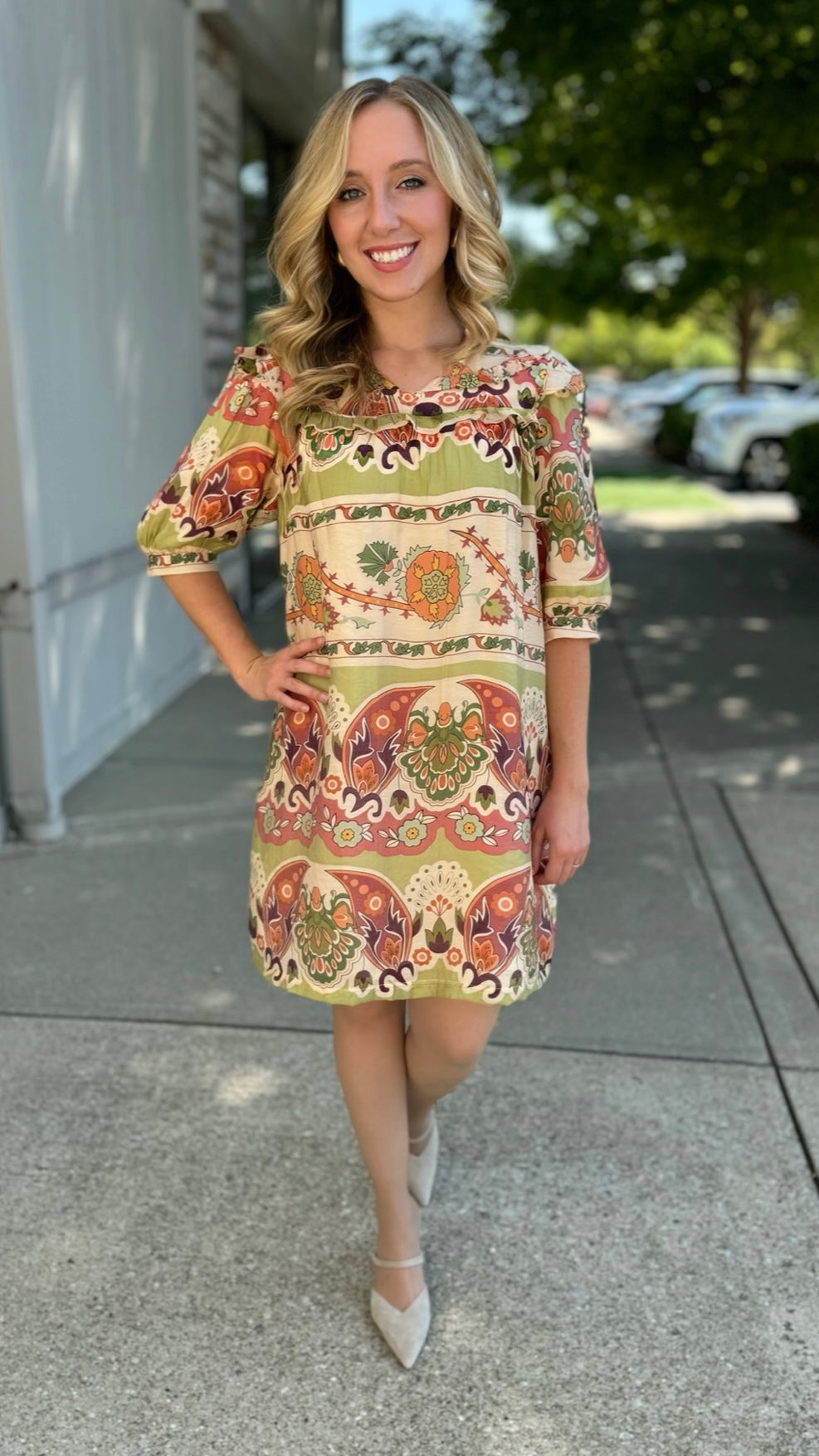 Harvest Green Paisley Ruffle Neck Dress