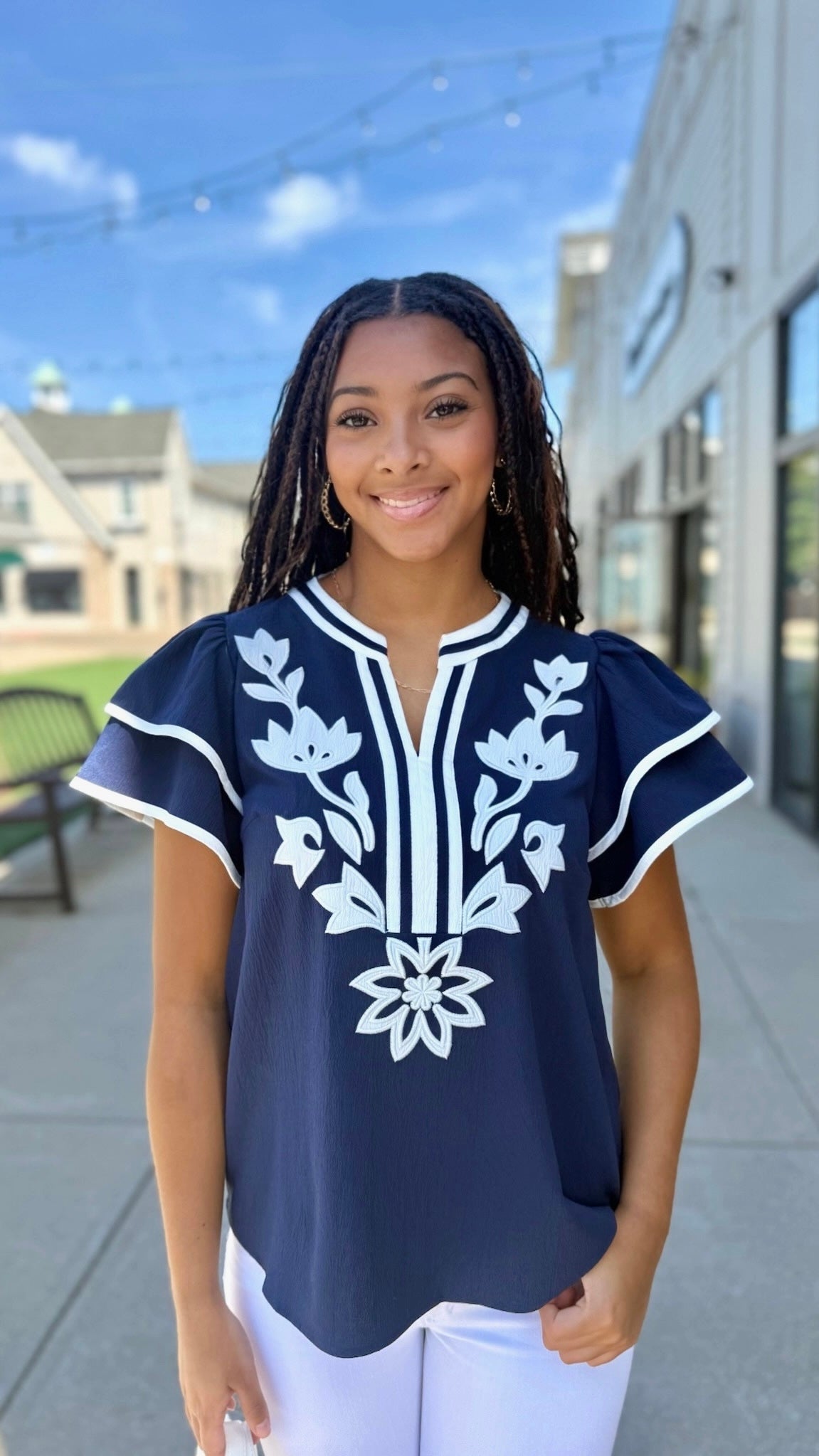 Addison Flutter Sleeve Top - Navy