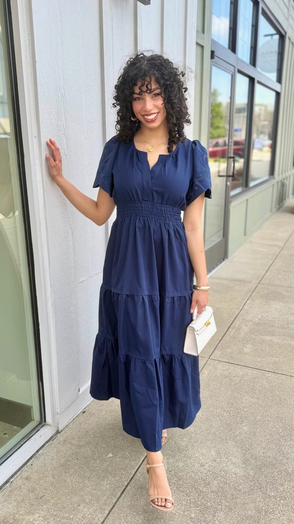 navy blue dress boutique Nora Cinch Waist Dress