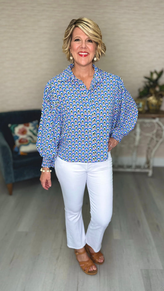 Playful Printed Bubble Sleeve Blouse - Blue