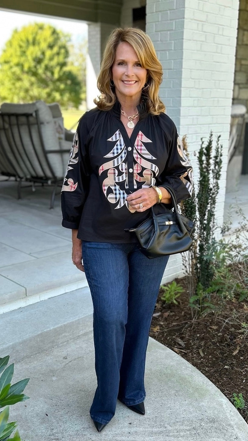 Black With Plaid Applique Top