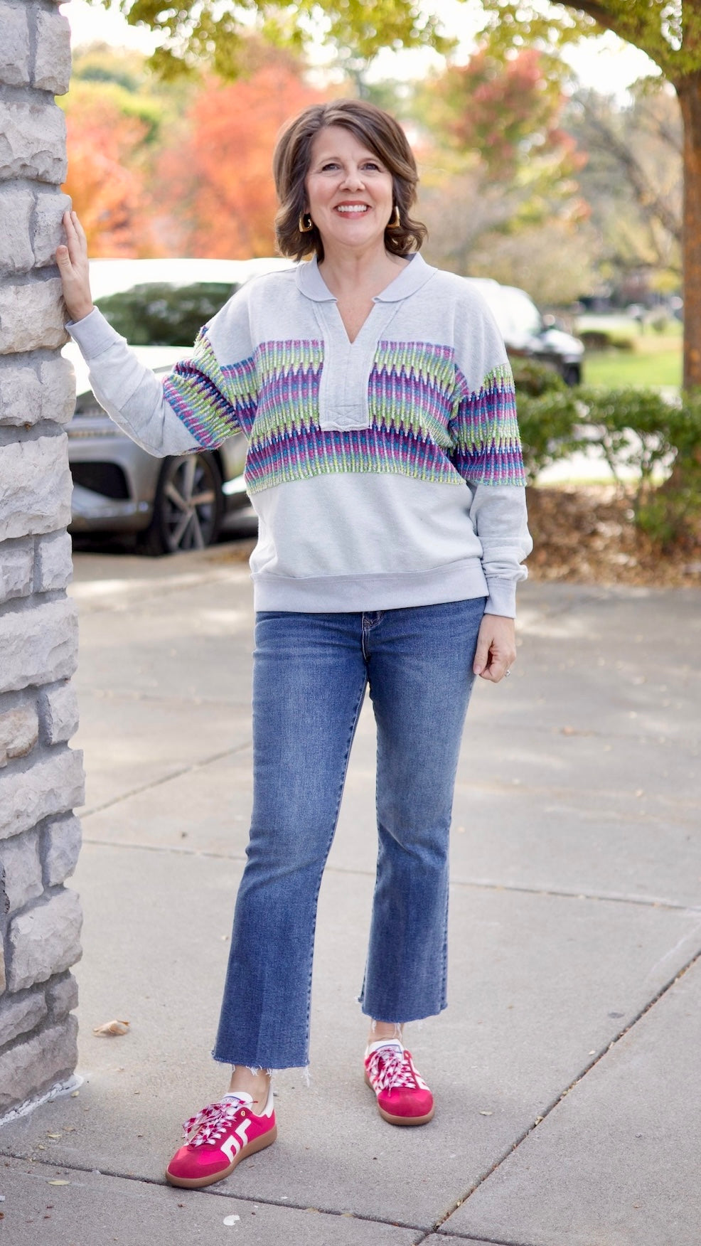 Crochet Mix Collared Sweater - Heather Grey