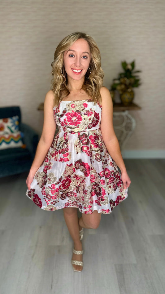 Gold & Pink Blossoms Royal Mini Dress