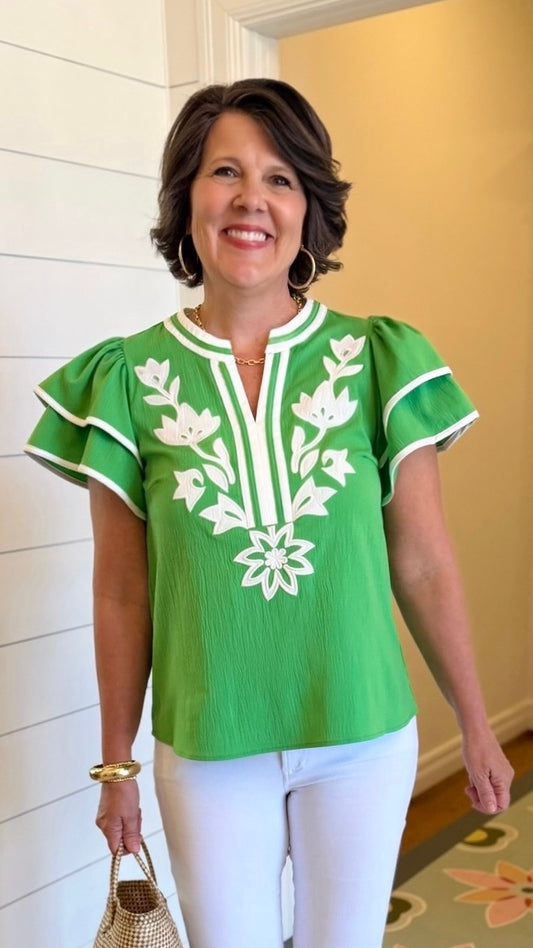Addison Flutter Sleeve Top - Green