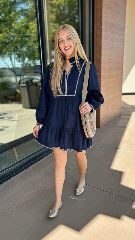 Emma Embroidered Dress - Navy