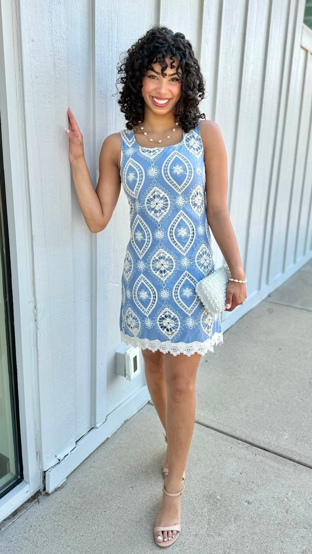 Cassie Floral Crochet Overlay Dress - Blue