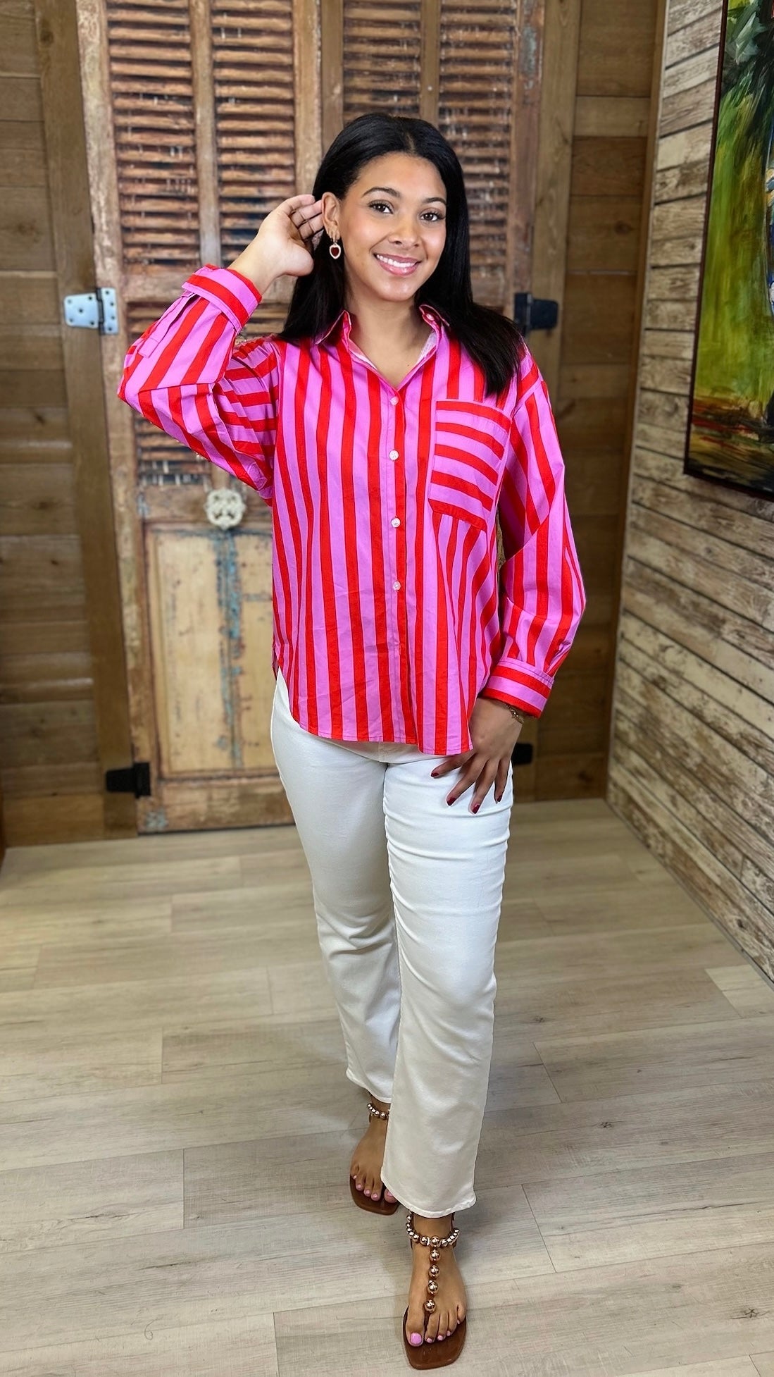 Louise Button Up Top - Red/Pink