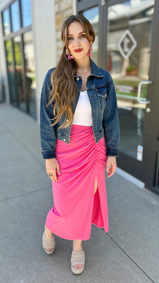 Bobi Shiloh Shirred High Slit Skirt - Pink