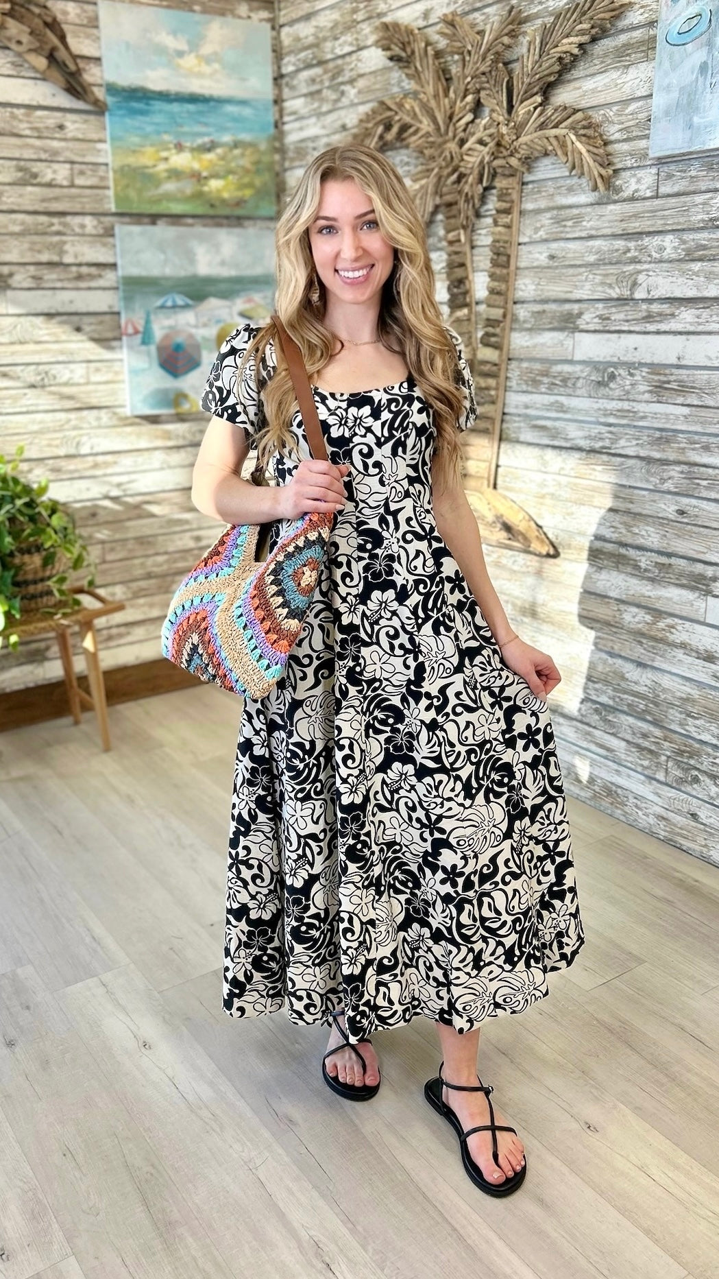 Theresa  Print Midi Dress - Black/White