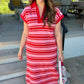 PINK WITH RED STRIPE MIDI DRESS