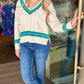 Ecru V Neck Sweater - Blue & Green Trim