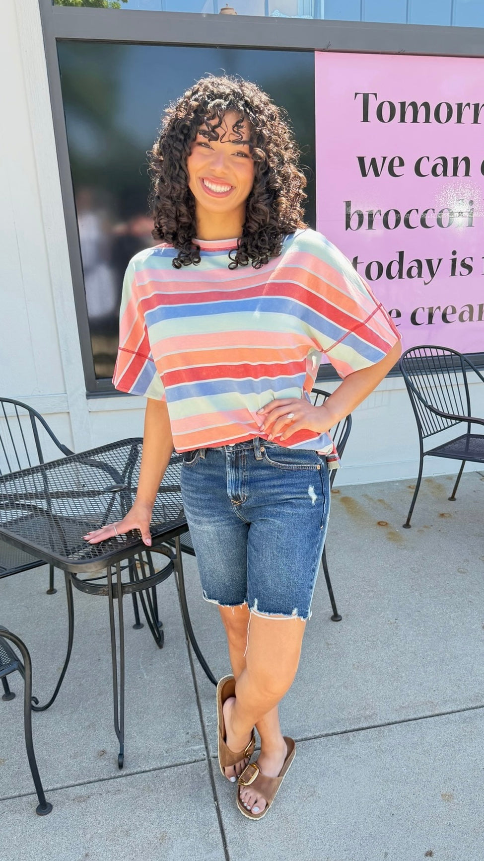 MINERAL WASHED MULTI STRIPE TOP - BLUE