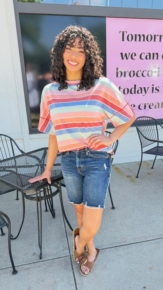 MINERAL WASHED MULTI STRIPE TOP - BLUE