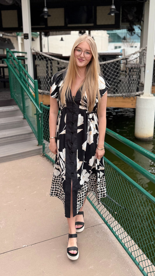 Polly Big Button Floral Bring Midi Dress - Black