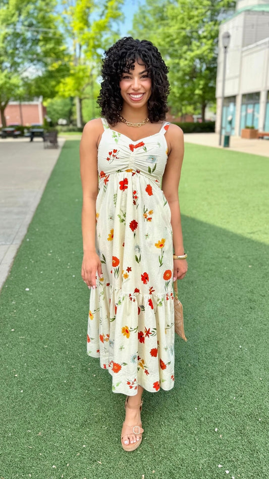 Marie Poppy Midi Dress - Ivory
