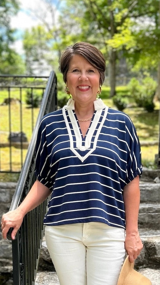 Jenni Striped Top - Navy & Ecru