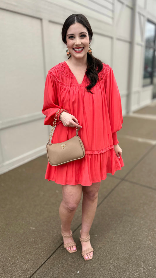 Lillian Lined Tie Neck Dress - Coral